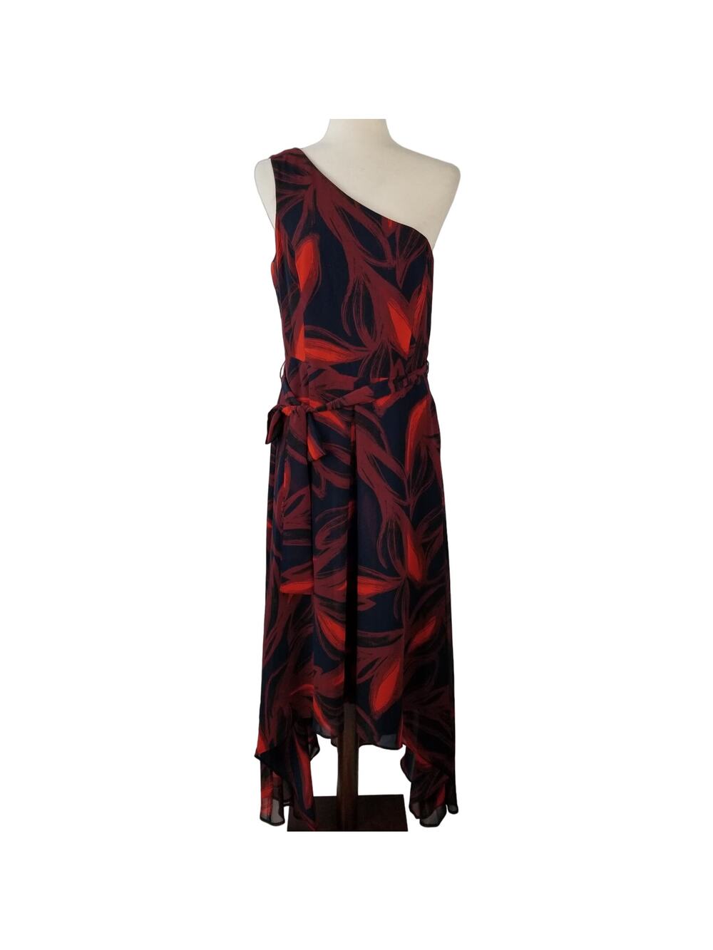 Vince Camuto Red Blue Sheer Overlay 1 Shoulder Sleeveless Tie Waist Dress 10